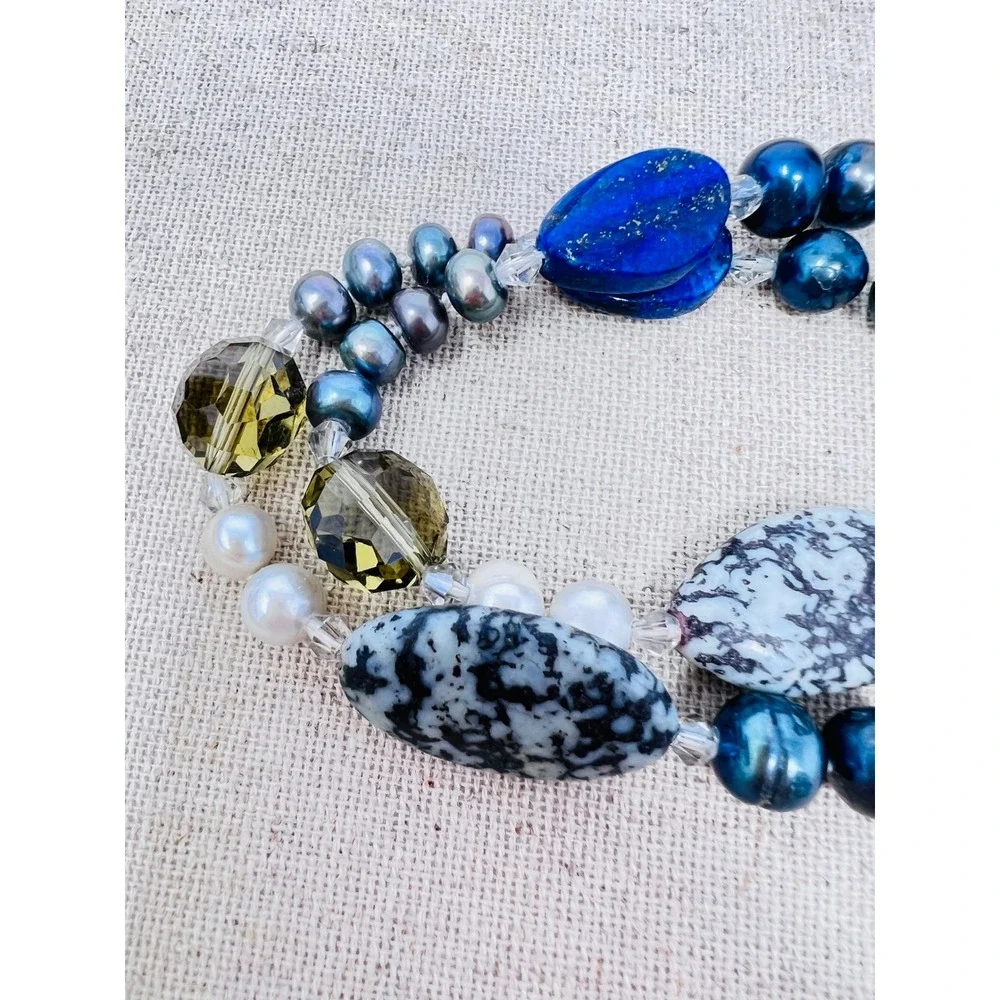 Lapis Lazuli Dalmatian Jasper and Pearl Long Strand Beaded Necklace